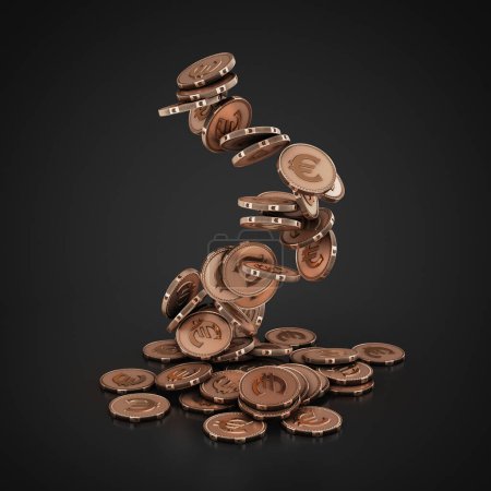 Photo for Bunch of copper coins for the Euro symbol fall down on a dark background - Royalty Free Image