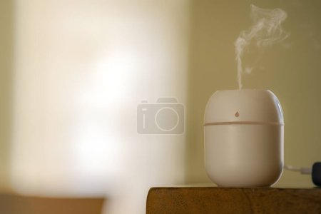 Electric aroma therapy diffuser blowing light mist over blurry background 