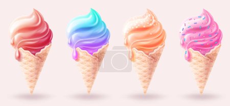 3D Set of ice cream of different tastes chocolate, fruit, salted caramel, chewing gum. Desserts on light beige background. Realistic icons of ice cream in  waffle cup.