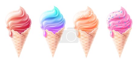 3D Set of ice cream on a white background. Multicolored realistic ice cream, summer snacks. Colorful dessert.