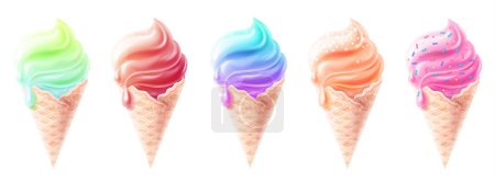 Set of multicolored ice cream in a waffle cone isolated on a white background. Chocolate, cherry, blueberry, apple, orange ice cream 3D, vector.