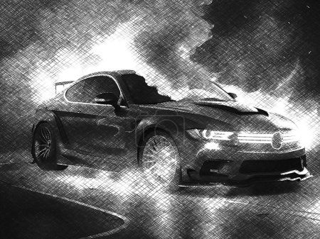czarno-biały obraz samochodu i dymu, szkic stylu