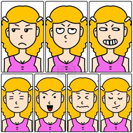 Foto de Conjunto de dibujos animados rostros femeninos con emociones - Imagen libre de derechos