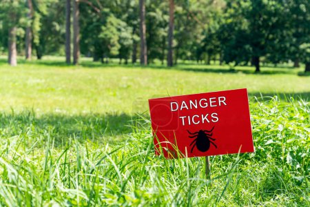 Téléchargez les photos : Signe sur la pelouse avec l'inscription : danger tiques. - en image libre de droit