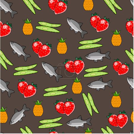 Ilustración de Un patrón de iconos de píxeles de productos útiles para una nutrición adecuada sobre un fondo oscuro. Pescado de mar, judías verdes, fresas, piña. Para textiles, embalajes, bordados. Ilustración vectorial - Imagen libre de derechos