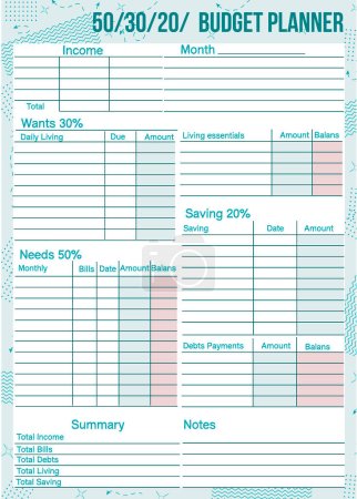 50/30/20 budget planner. Memo to track expenses Retro planner notepad. Clear and simple printable to-do list. Realistic vector illustration.