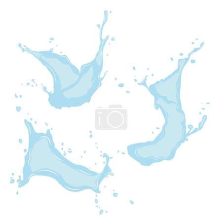 Illustration for Collection of large splashes of water with splashes. Vector. Set of icons of flowing drops, waves, splashes, splashes of nature isolated on white background. Dripping liquid. Water spill. Drops of rain and drops of sweat. - Royalty Free Image