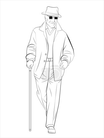 A cheerful, happy grandfather walks with a cane. An elderly man walking. Silhouette line art. Vector illustration