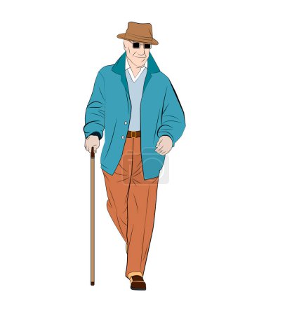 A cheerful, happy grandfather walks with a cane. An elderly man walking. Silhouette in line art artistic style. Vector illustration