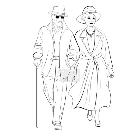 Glückliches, elegantes älteres Paar beim Gehen. Ein älterer Mann mit Hut geht mit einem Stock. Eine ältere Frau mit Hut geht Arm in Arm. Vektorlinienkunst