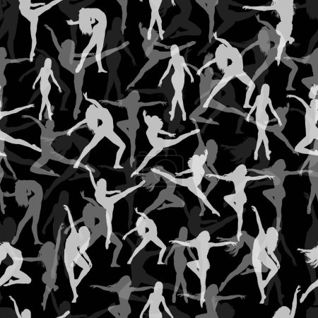 Vector seamless pattern of female silhouette dancing. White silhouette of different transparency on a black background. The design is suitable for packaging, textiles, wallpaper, background.