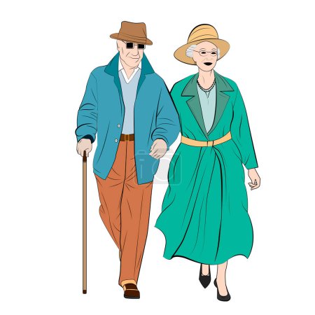 Glückliches, elegantes älteres Paar beim Gehen. Ein älterer Mann mit Hut geht mit einem Stock. Eine ältere Frau mit Hut geht Arm in Arm. Farbige Vektorlinienzeichnungen