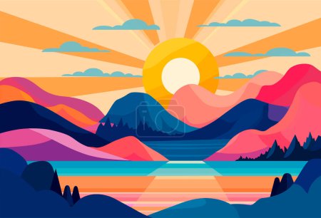 Beautiful vector mountain landscape with a big sun in the sky. The sun shines brightly and fills the mountains and lake with warm light. The scene is peaceful and serene, with mountains.