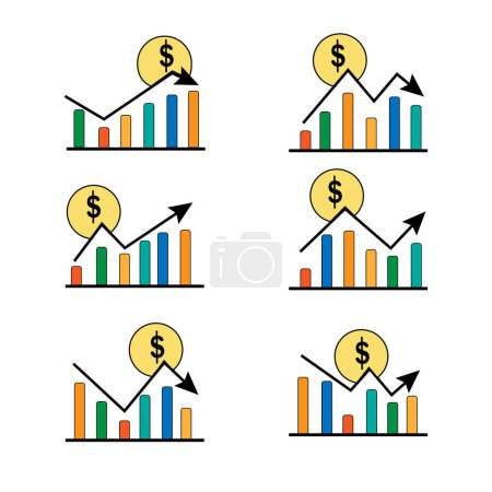 Téléchargez les illustrations : Set of flat color graph icons with dollar sign on white background.  The graph shows downward and upward trends. Vector. - en licence libre de droit
