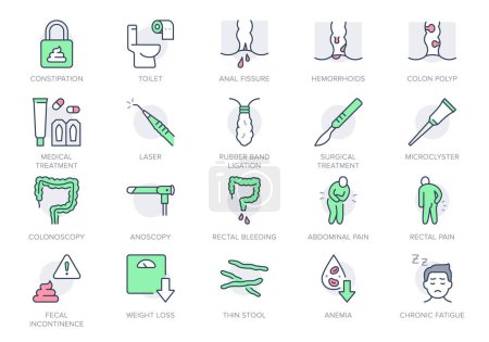 Illustration for Proctologist line icons. Vector illustration include icon - toilet paper, colon, polyp, suppositories, anal fissure outline pictogram for hemorrhoids symptoms. Green and Red Color, Editable Stroke. - Royalty Free Image