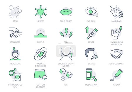 Illustration for Herpes symptoms line icons. Vector illustration include icon - blister, pimple, pain, fever, vaginal, discharge, sores, blister outline pictogram for rash virus. Green Color, Editable Stroke. - Royalty Free Image