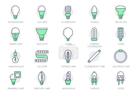 Illustration for Light bulb line icons. Vector illustration include icon - led, diode, reflector, spiral, halogen, compact fluorescent, incandescent outline pictogram for lamp. Green Color, Editable Stroke. - Royalty Free Image