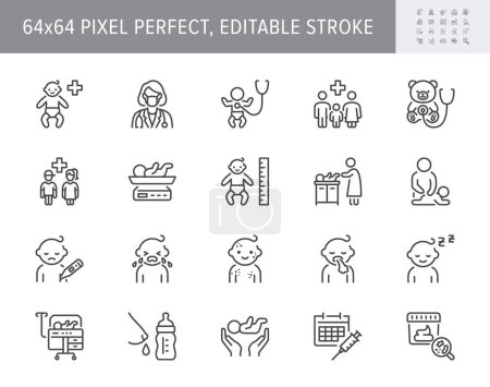 Illustration for Pediatrics line icons. Vector illustration include icon - incubator, breastfeed, stethoscope, colic, massage, chickenpox, rash outline pictogram for baby care. 64x64 Pixel Perfect, Editable Stroke. - Royalty Free Image