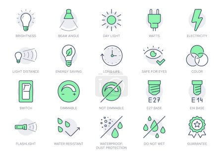 Illustration for Lamp properties line icons. Vector illustration include icon - brightness, beam angle, electric plug, lumen, flashlight, dimmer outline pictogram for light bulb. Green Color, Editable Stroke. - Royalty Free Image