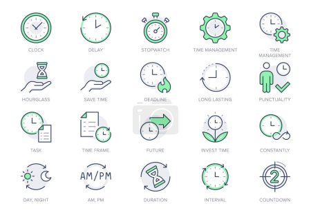 Iconos de línea de gestión del tiempo. Ilustración vectorial incluyen icono - plazo, cronómetro, reloj de arena, metrónomo, retraso, pictograma contorno puntualidad para los días de trabajo. Color verde, Carrera editable.