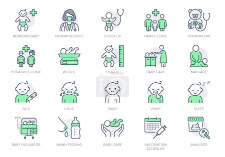 Illustration for Pediatrics line icons. Vector illustration include icon - incubator, breastfeed, stethoscope, colic, massage, chickenpox, rash outline pictogram for baby care. Green Color, Editable Stroke. - Royalty Free Image