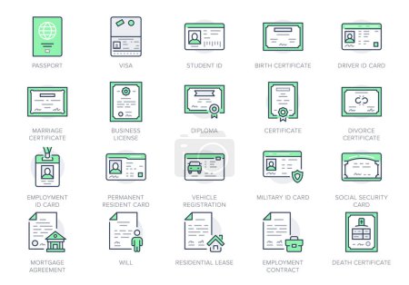 Illustration for Legal documents line icons. Vector illustration include icon - permission, employment, residence permit, passport, agreement outline pictogram for bureaucracy. Green Color, Editable Stroke. - Royalty Free Image