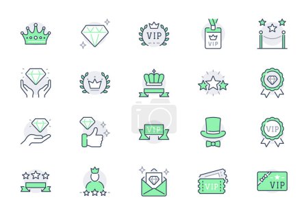 Illustration for VIP line icons. Vector illustration include icon - benefit, ribbon, diamond, quality, crown, laurel, victory, star outline pictogram for privilege person program. Green Color, Editable Stroke. - Royalty Free Image