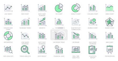 Illustration for Graph line icons. Vector illustration include icon - data analysis, diagram, stat, histogram, economy outline pictogram for infographic statistic presentation. Green Color, Editable Stroke. - Royalty Free Image