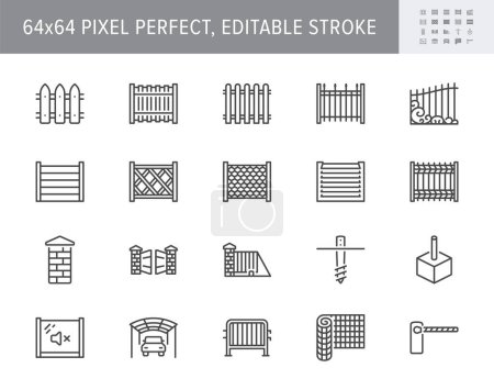 Fence types line icons. Vector illustration include icon - chainlink, wood, blinds panels, masonry, artistic forging metal gates outline pictogram for guardrail. 64x64 Pixel Perfect, Editable Stroke.