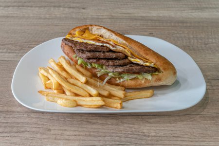 Foto de Oriente Medio dishe culinaria Naturaleza muerta. Sandwich con 4 filetes picados y papas fritas - Imagen libre de derechos