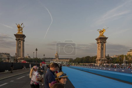 Photo for Paris, France - 08 17 2023: Paris 2024 triathlon test event. View of the infrastructures set up on the Alexandre III bridge for the Triathlon races - Royalty Free Image