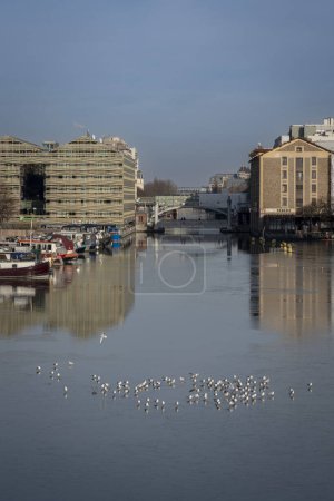Téléchargez les photos : Paris, France - 01 20 2024 : Canal d'Ourcq. Réflexions sur le canal de l'Ourcq de bâtiments résidentiels, pont, barges et mouettes sur l'eau gelée - en image libre de droit