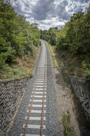 Blick auf eine Eisenbahnstrecke durch den Wald
