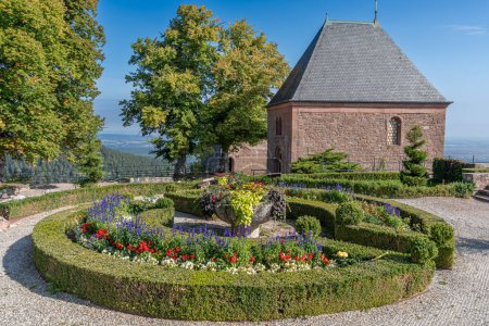 Alsatian Vineyard. Panoramic view of the courtyard and a chapel of the Sanctuary of Mont Sainte Odile along the wine route at sunrise