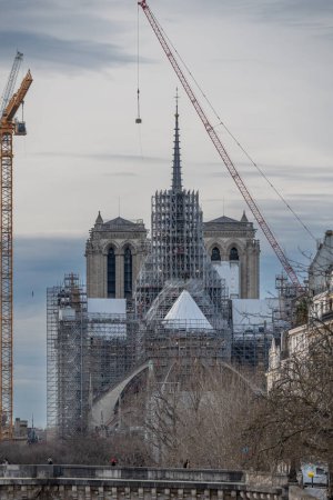 Paris, France - 02 15 2024: Notre Dame de Paris. Panoramic view of the renovation site with scaffolding, the spire topped with the golden rooster of Notre-Dame cathedral and Sully Bridge from Austerlitz Bridge