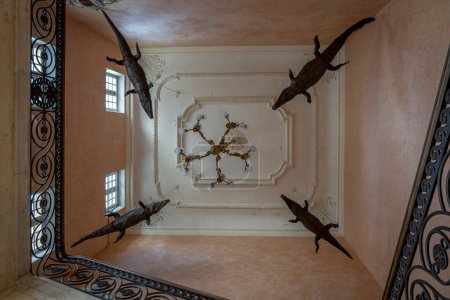Téléchargez les photos : Nîmes, France - 04 17 2024 : Vue des quatre crocodiles empaillés sur l'escalier de la mairie - en image libre de droit