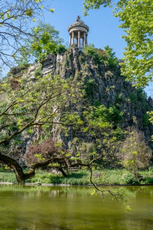 Paris, France - 05 11 2024: Park Buttes-Chaumont. View of The Sophora of Japan tree, the belvedere island, Temple of the Sibyl and the lake behind