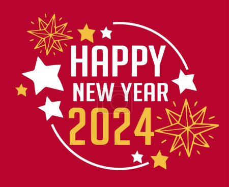 Foto de Feliz año nuevo vacaciones abstracto amarillo y blanco diseño vectorial logotipo símbolo ilustración con fondo rojo - Imagen libre de derechos