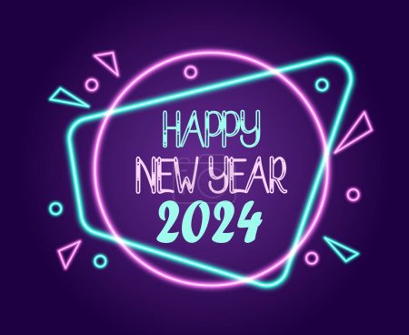 Foto de Feliz año nuevo 2024 vacaciones diseño neón abstracto vector logotipo símbolo ilustración con fondo púrpura - Imagen libre de derechos