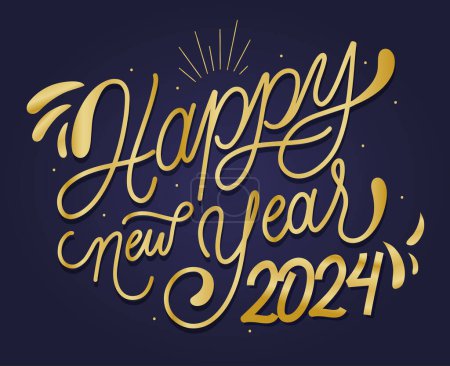 Foto de Feliz Año Nuevo 2024 Diseño de vacaciones Ilustración abstracta del símbolo del logotipo del vector del oro con fondo azul - Imagen libre de derechos