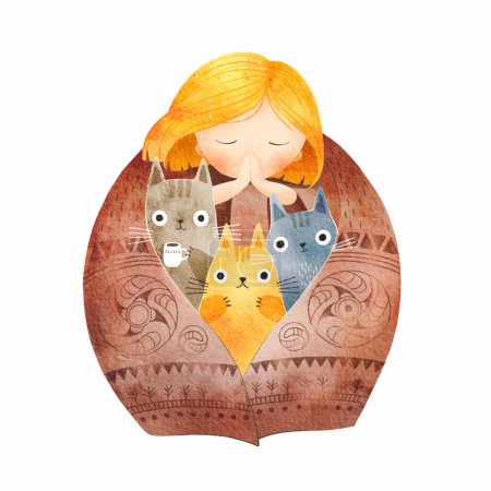 Foto de Ilustración en acuarela de una niña protegiendo a sus gatos con una manta caliente del frío. Arte conceptual para refugios para gatos y organizaciones benéficas. Gato en adopción. ilustración de alta calidad - Imagen libre de derechos