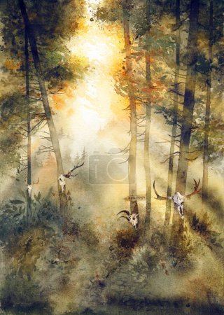 Una pintura de acuarela que representa un sereno paisaje forestal con majestuosos árboles, ambiente tranquilo. Sagrada arboleda sagrada, pagana, chamánica impresión de arte mural