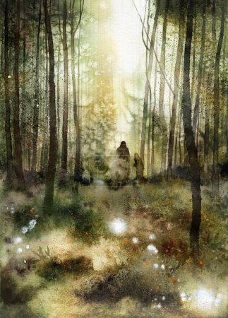 A serene painting capturing the beauty of persons speaking and strolling through a sunlit forest, surrounded by towering trees, wall art print