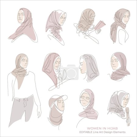 Illustration for Women in hijab, Set of Muslim Arabian line art illustrations for fashion or business. Pastel blush pink colors. Vector illustration - Royalty Free Image