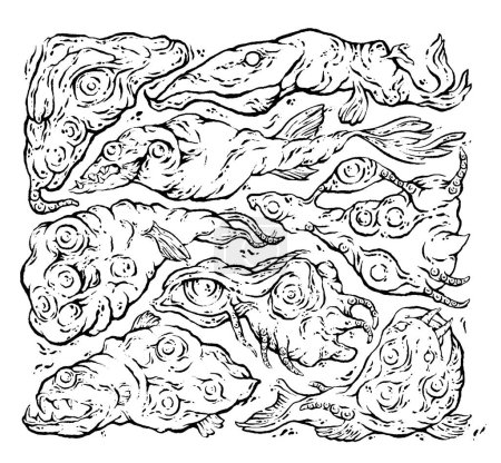 Téléchargez les illustrations : Ensemble de monstres de poissons bizarres fous, motif noir et blanc, gribouillis créatifs, art bizarre. Illustration vectorielle - en licence libre de droit