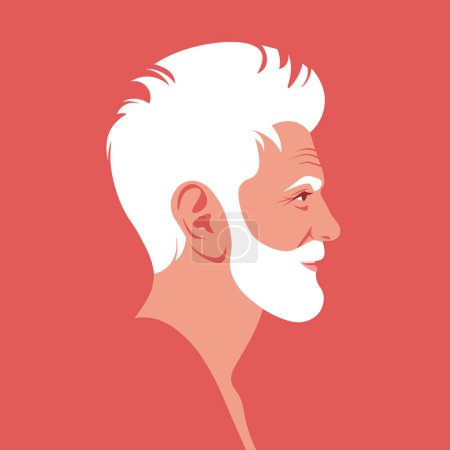 Illustration for A face of a smiling elderly man in profile. Side view. Grandfather with beard. Vector flat Illustration - Royalty Free Image