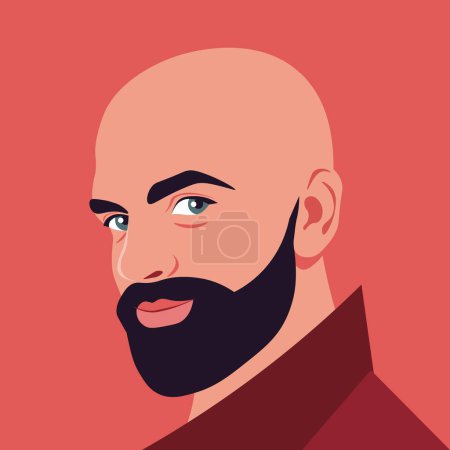 Téléchargez les illustrations : Un visage d'homme chauve. Latino-américain à barbe foncée. Illustration à plat vectoriel - en licence libre de droit