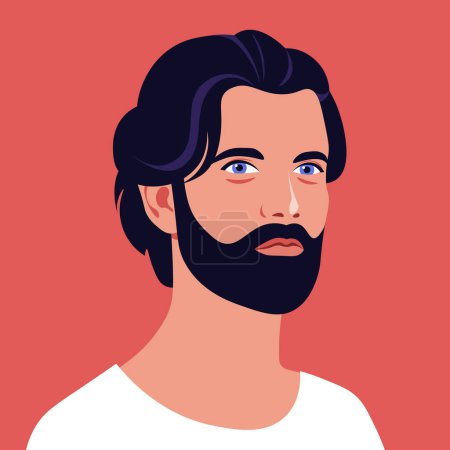 Téléchargez les illustrations : Un visage d'homme brune. Latino-américain avec barbe. Illustration à plat vectoriel - en licence libre de droit