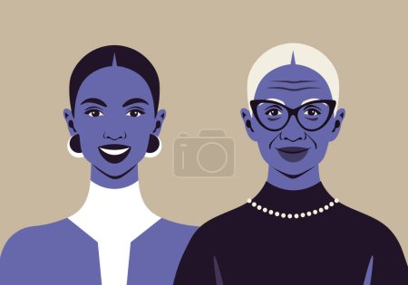 Téléchargez les illustrations : Visages de femmes africaines jeunes et âgées. Processus de vieillissement. Grand-mère et petite-fille. Illustration vectorielle plate - en licence libre de droit