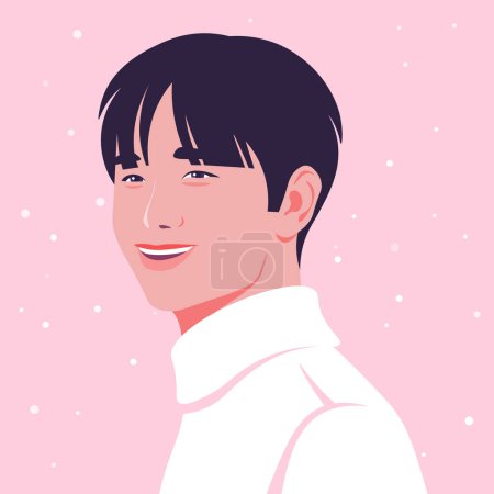 Téléchargez les illustrations : Le visage d'un jeune Asiatique avec des chutes de neige sur fond rose. Illustration à plat vectoriel - en licence libre de droit